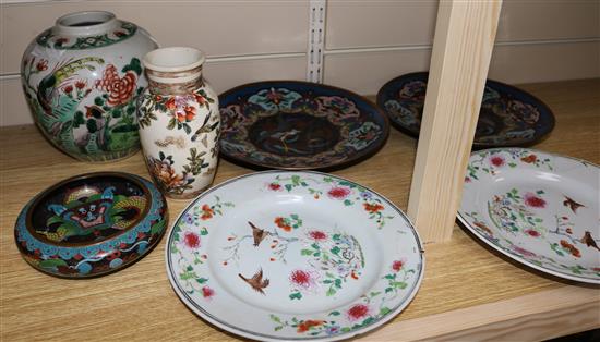 A pair Cloisonne plates, vase, ginger jar and a Satsuma rose